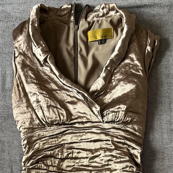 Nicole Miller | Ruched rose-gold metallic cocktail dress w/cap sleeves - Picture 12 of 16